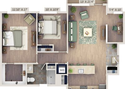 Two-bedroom 2D floor plan with study
