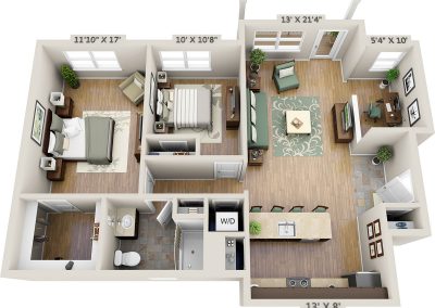 Two-bedroom 3D floor plan with study