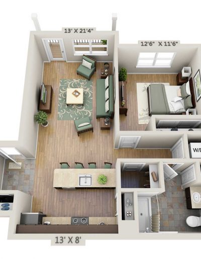 One-bedroom 3D floor plan without study