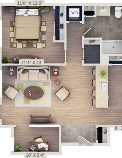 One-bedroom 2D floor plan with study