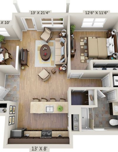 One-bedroom 3D floor plan with study